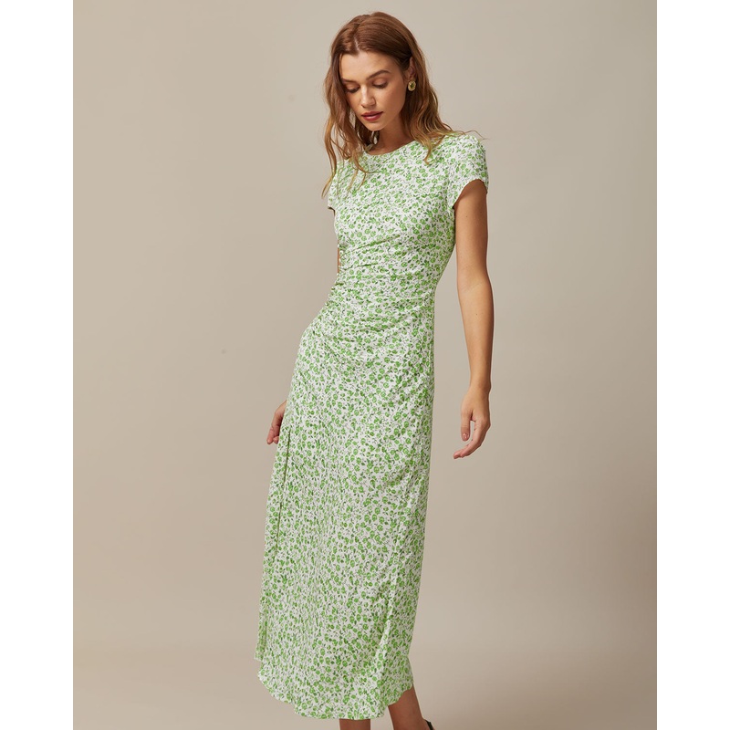 Green Round Neck Floral Midi Dress