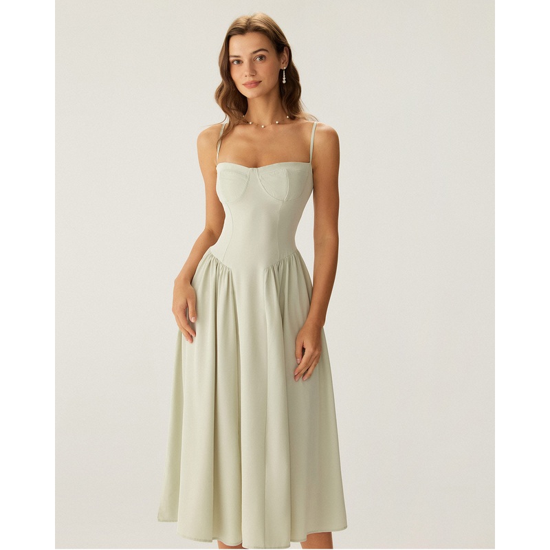 Green Square Neck Pocket Slip Midi Dress