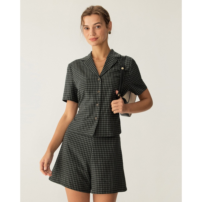 Grey Lapel Plaid Short Sleeve Blouse