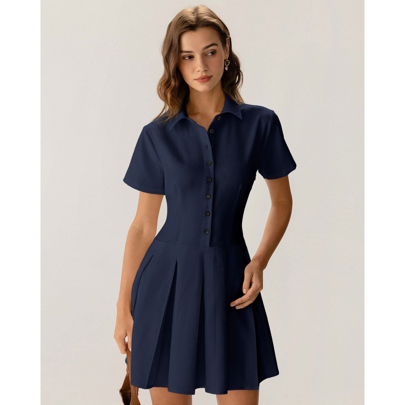 Navy Button Pleated Mini Dress