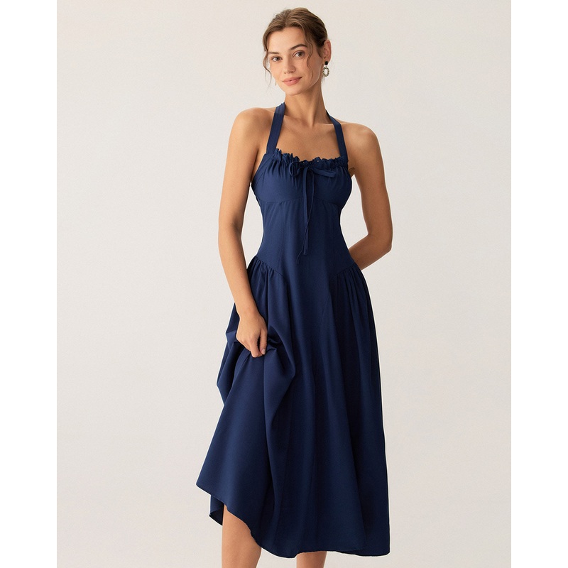 Navy Ruched Halter Midi Dress