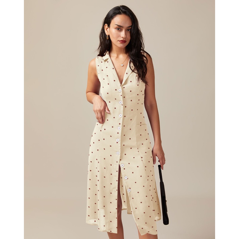 Off-white V Neck Polka Dot Tie Back Midi Dress