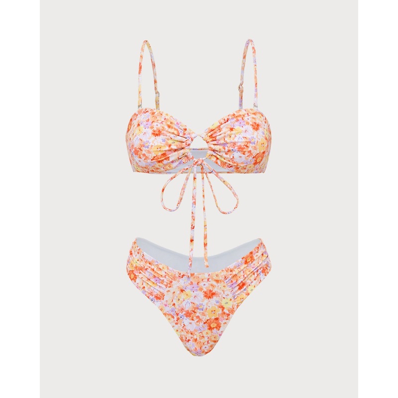 Orange Floral Tie Front Bikini Set