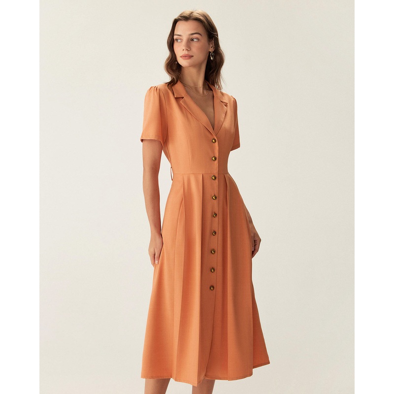 Orange V Neck Pleated Button Midi Dress