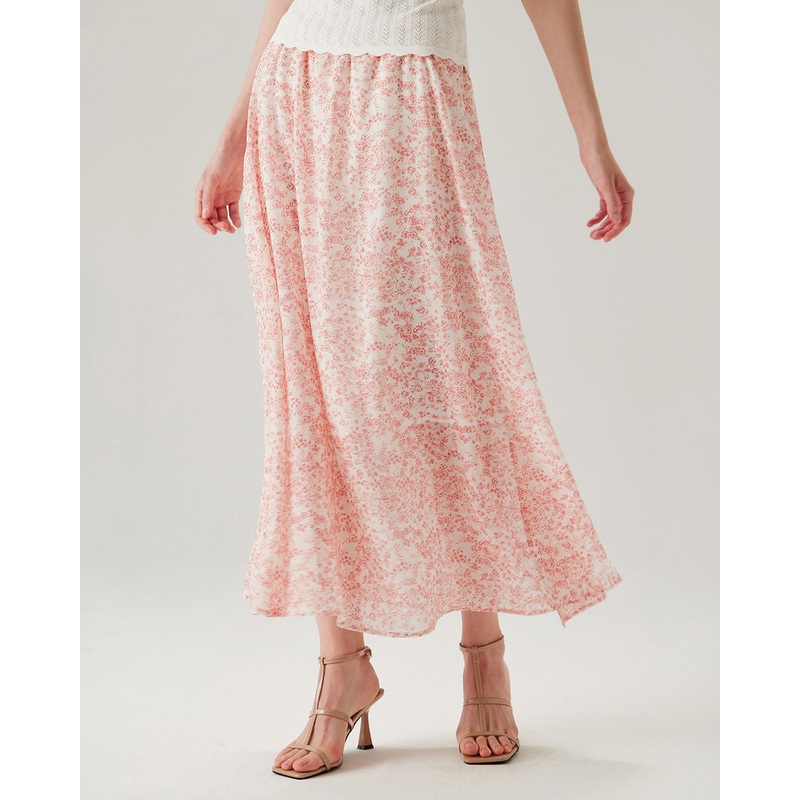 Pink Floral Elastic Waist Flared Skirt