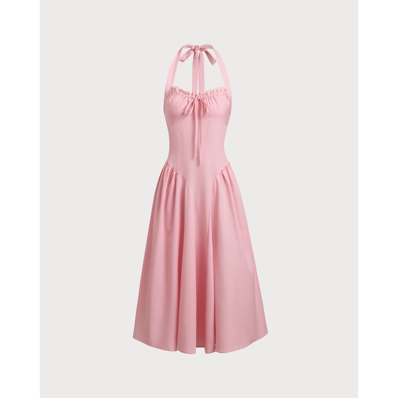 Pink Ruched Halter Midi Dress