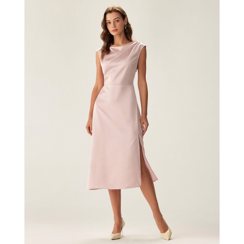 Pink Satin Boat Neck Slit Sleeveless Midi Dress