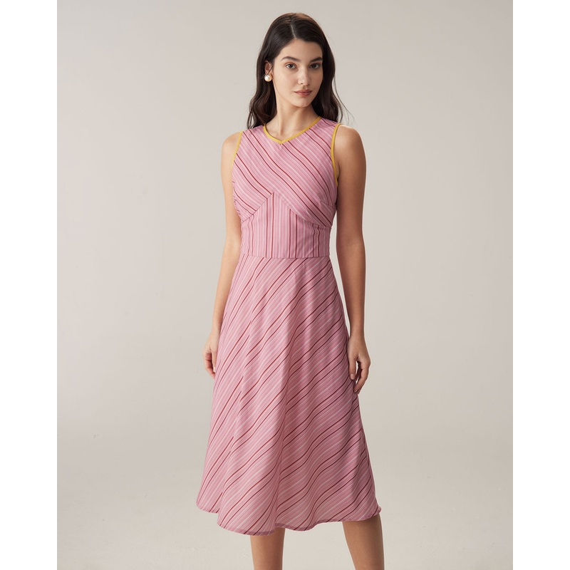 Pink Striped V Neck Sleeveless Midi Dresses