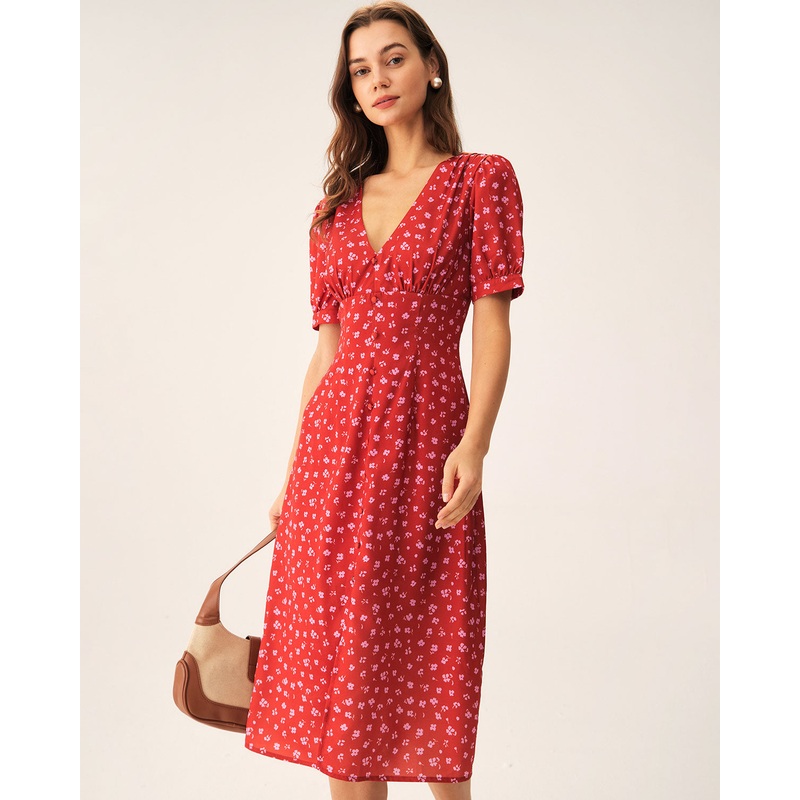 Red Polka Dot Ruched Midi Dress