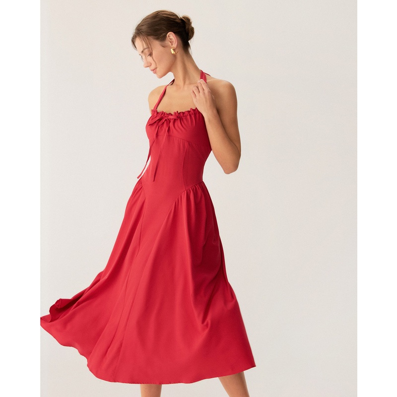 Red Ruched Halter Midi Dress