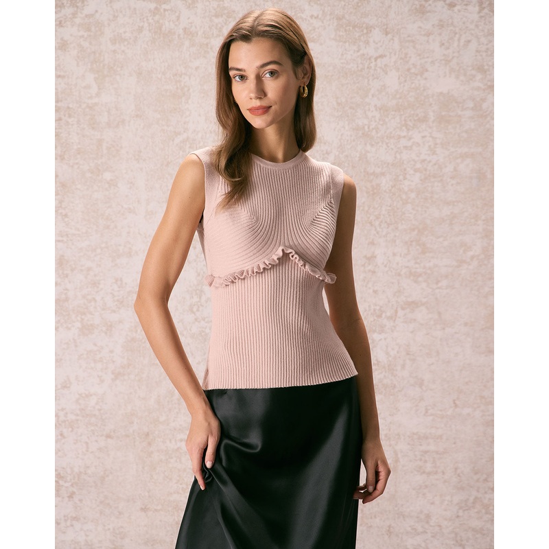 The Apricot Crew Neck Ruffle Knit Tank Top