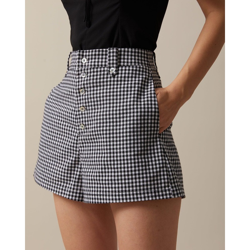 The Black High Waisted Button Up Plaid Shorts