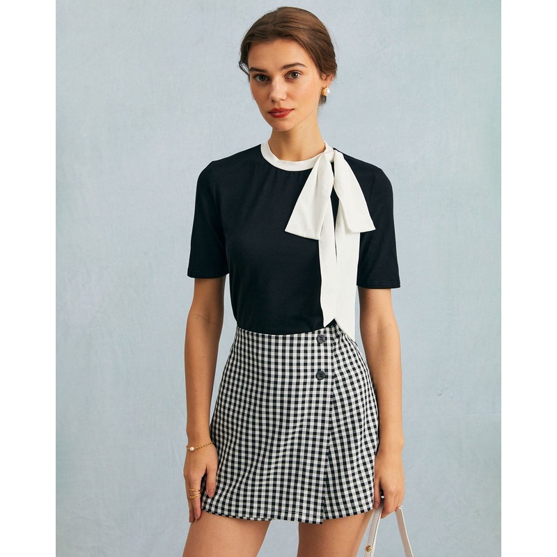 The Black Round Neck Colorblock Bowknot Top