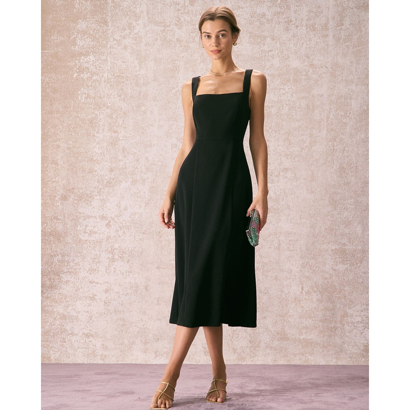 The Black Square Neck Sheath Midi Dress