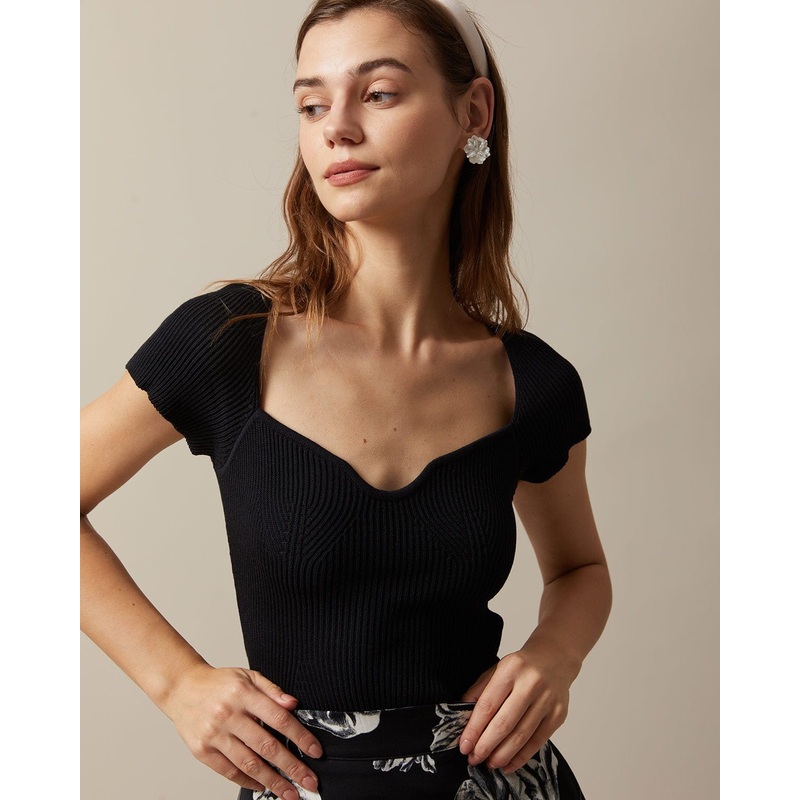 The Black Square Neck Short Sleeve Knit Top