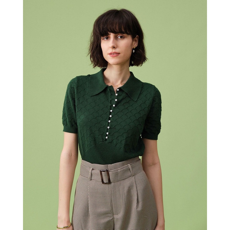 The Green Short Sleeve Textured Lapel Knit Tee