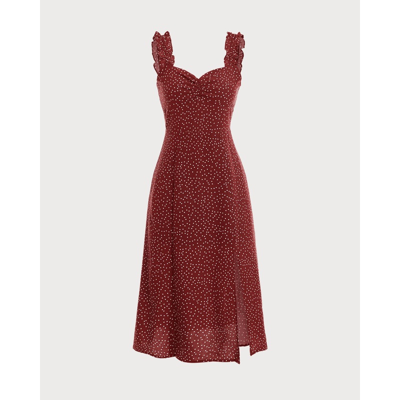 The Red Frill Trim Side Split Midi Dress