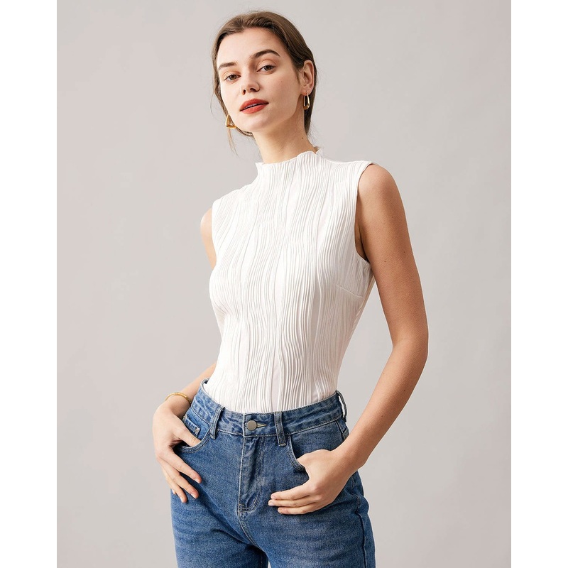 The Solid Mock Neck Water Ripple Textured Tank Top