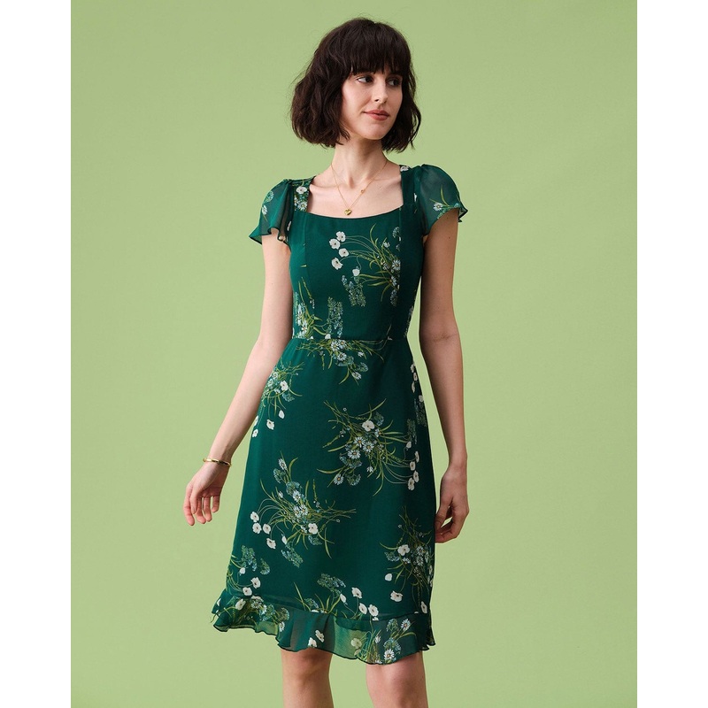 The Square Neck Backless Floral Midi Dress