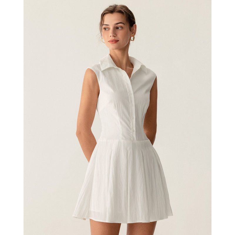 White Button A-Line Sleeveless Mini Dress