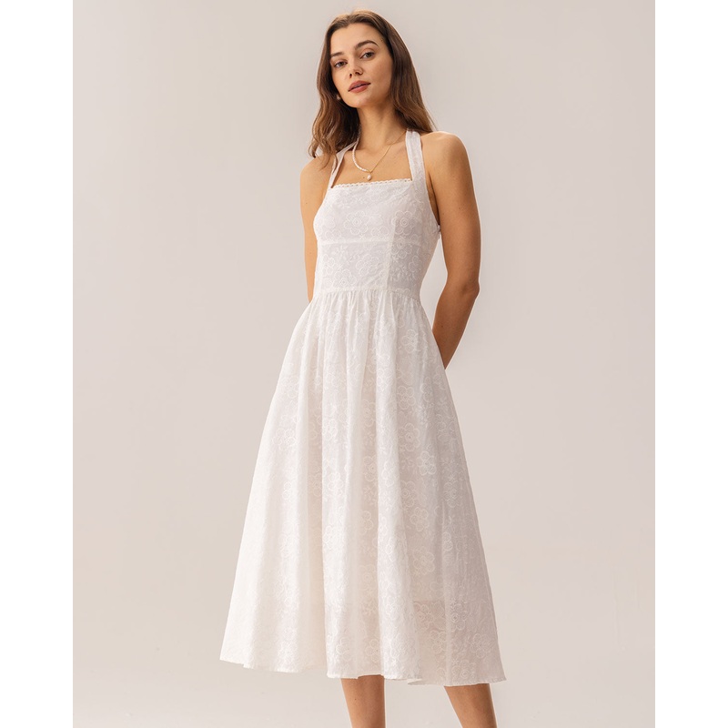 White Embroidery Halter Midi Dress