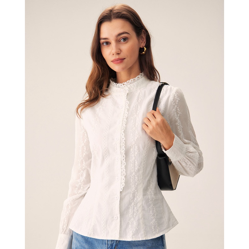 White Embroidery Round Neck Shirt