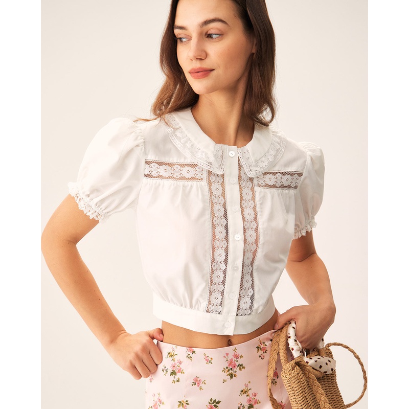 White Floral Puffed Sleeve Cropped Blouse