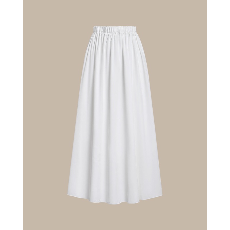 White High Waisted Elastic Waist Midi Skirt