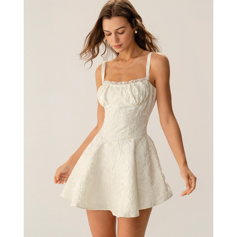 White Jacquard Ruched Slip Mini Dress