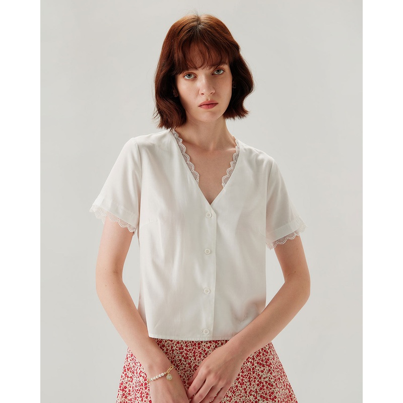 White Lace V-neck Blouse