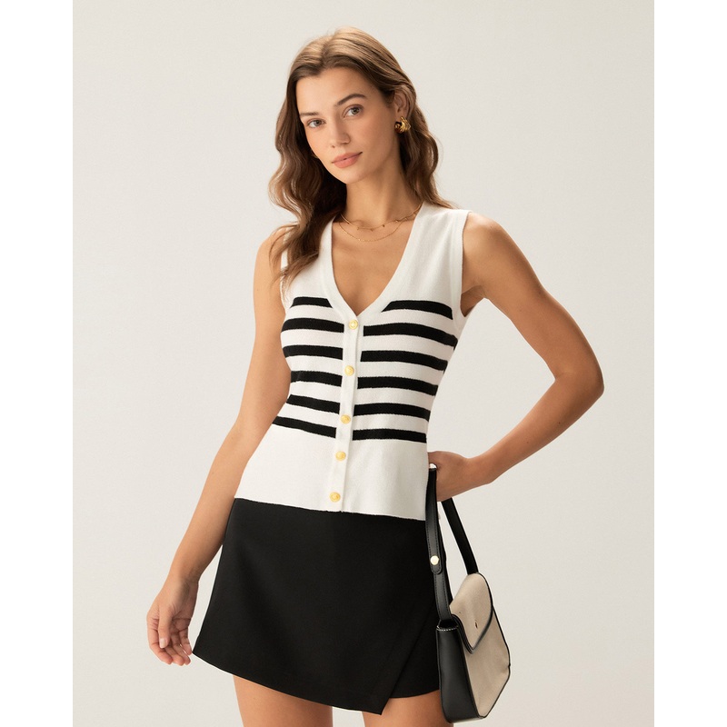 White Striped Button Knit Tank Top