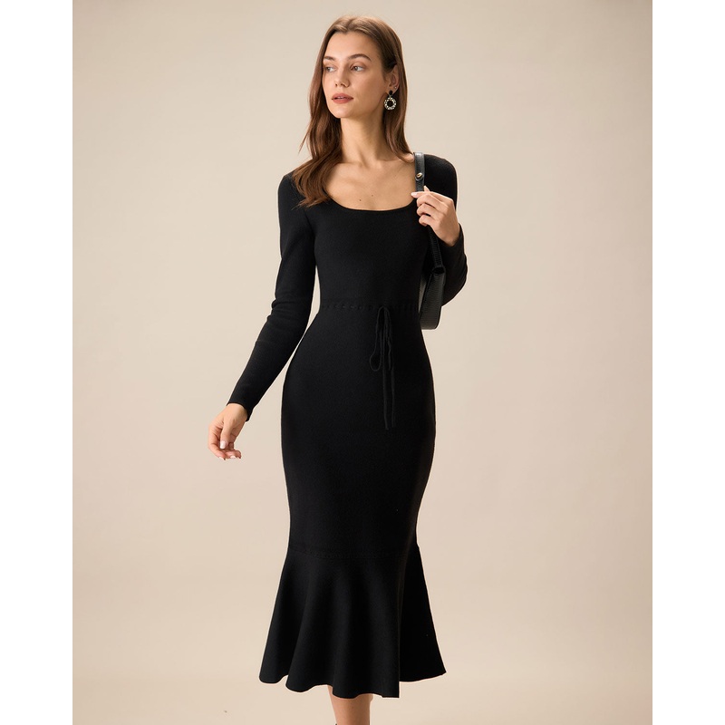 Women’s Black Square Neck Mermaid Sweater Maxi Dress