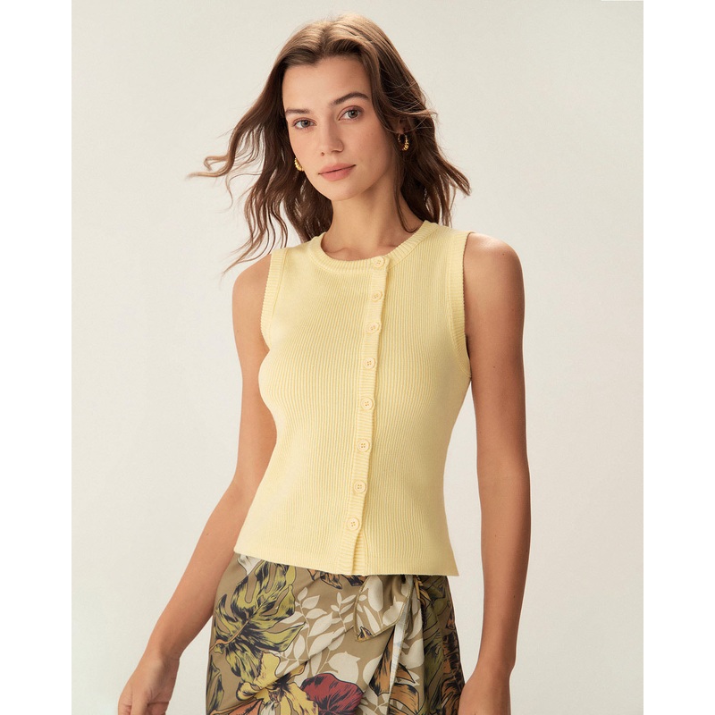 Yellow Round Neck Button Knit Vest