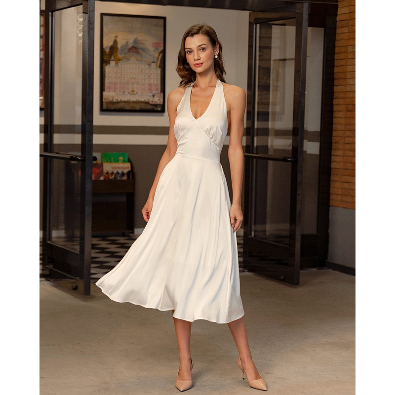 Apricot Halter Backless Satin Midi Dress