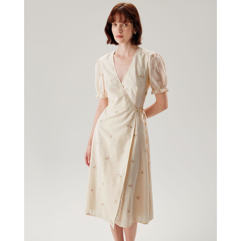 Beige Embroidery Puffed Sleeve Wrap Midi Dress