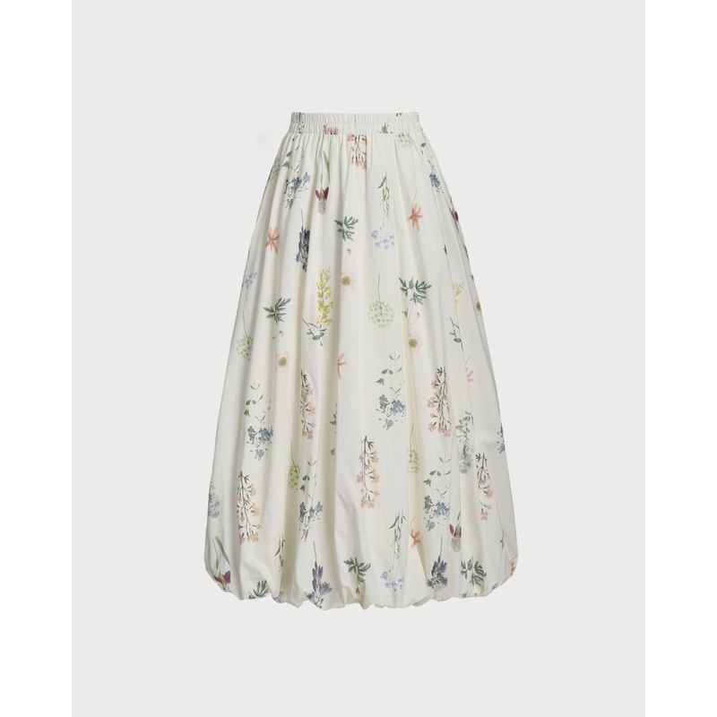 Beige Floral Elastic Waist Pocket Midi Skirt