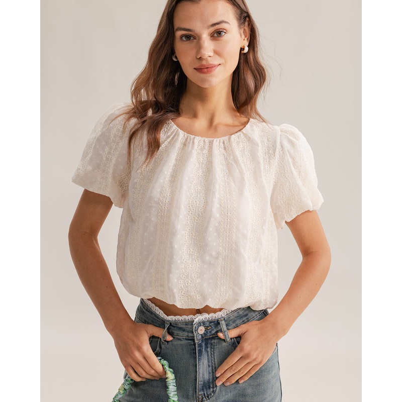 Beige Round Neck Puffed Sleeve Tee