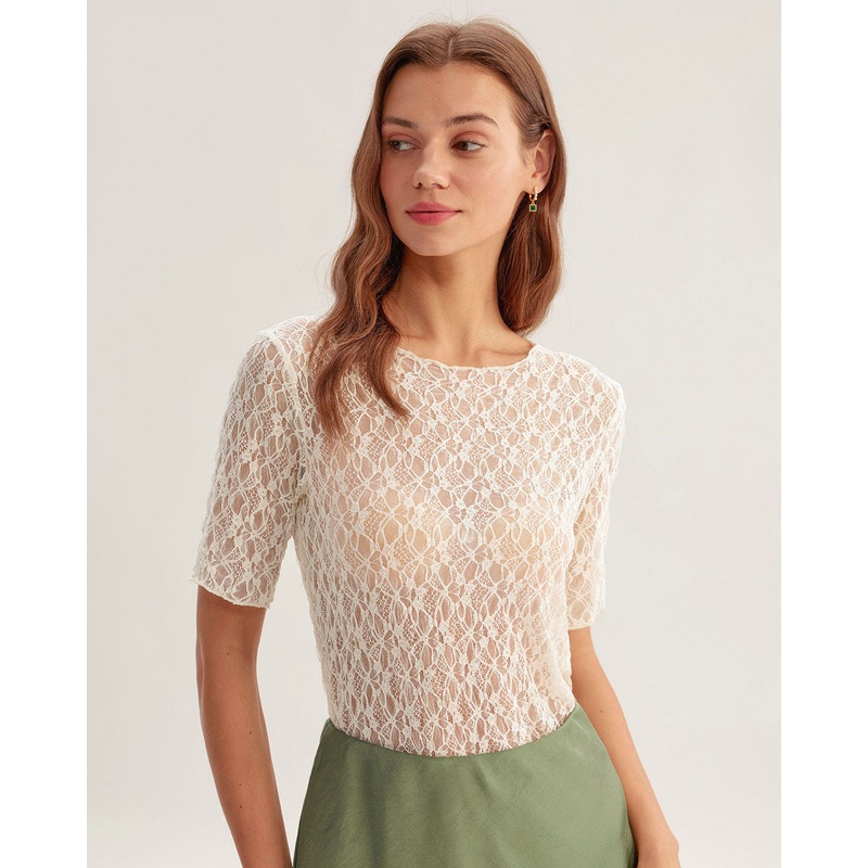 Beige Round Neck Textured Half Sleeve Tee
