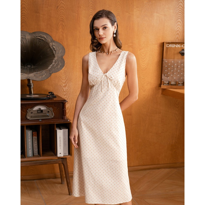 Beige V-neck Ruched Sleeveless Midi Dress