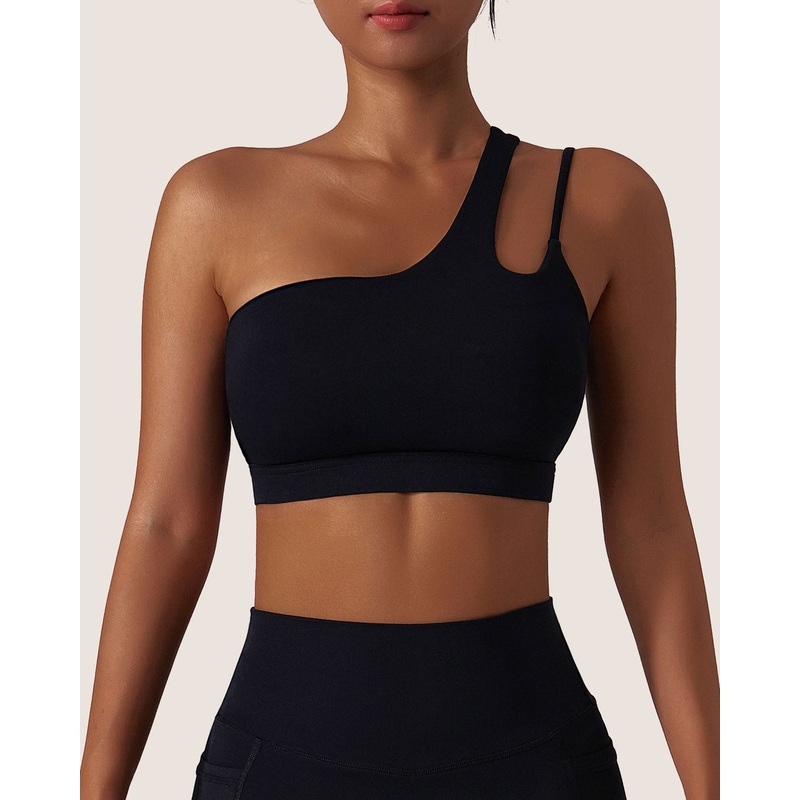Black Cropped One Shoulder Yoga Cami Top – Light Support