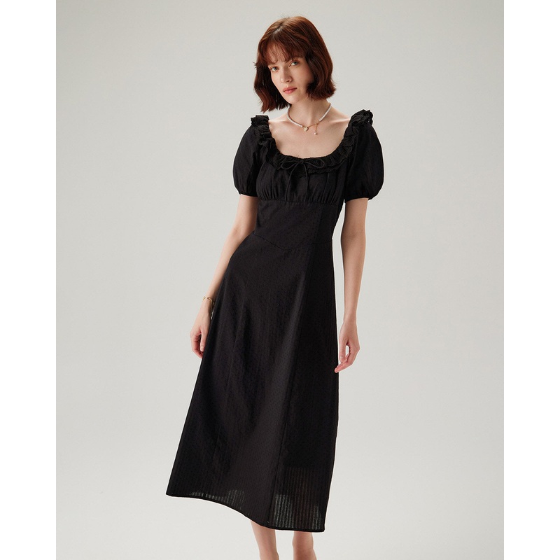 Black Embroidery Puffed Sleeve Maxi Dress