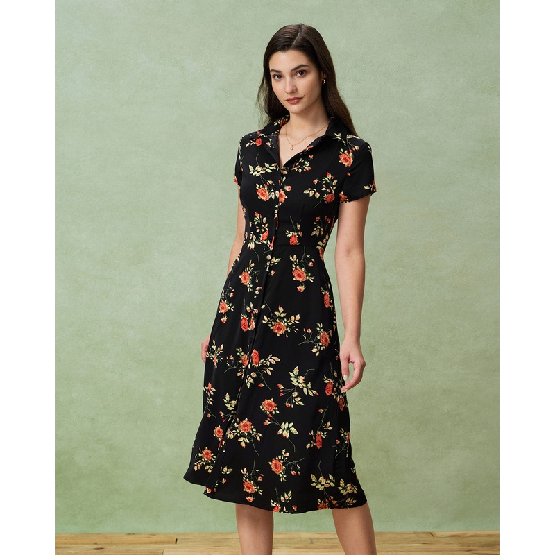 Black Floral Button A-Line Midi Dress