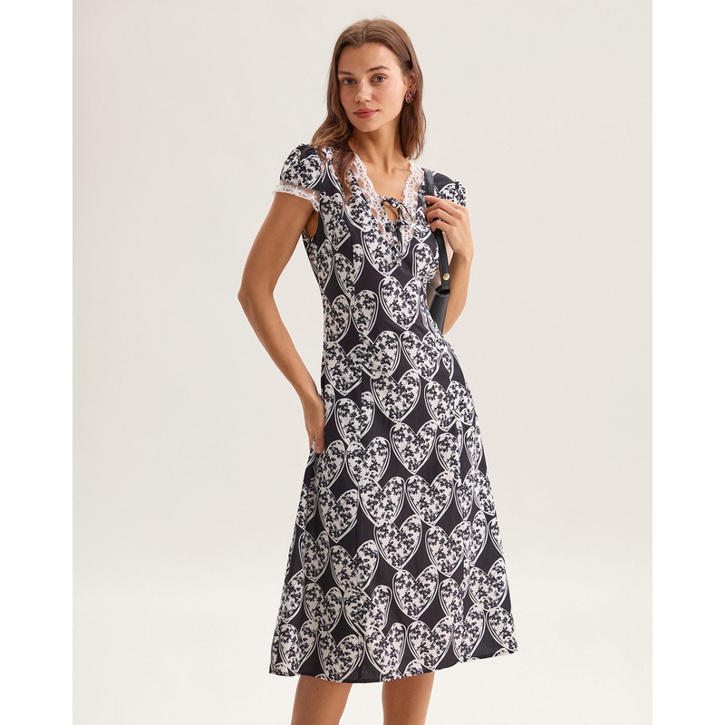 Black Floral Lace Trim Midi Dress