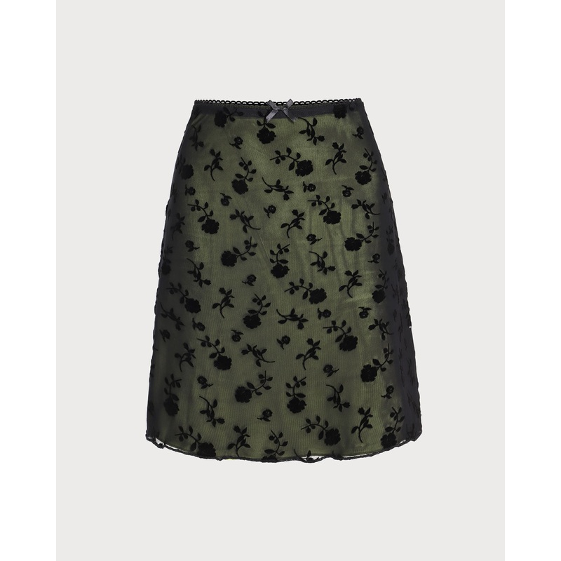 Black Floral Mesh Straight Mini Skirt