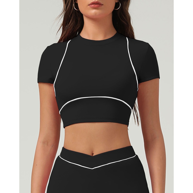Black Round Neck Yoga Short Sleeve Top – Light Support