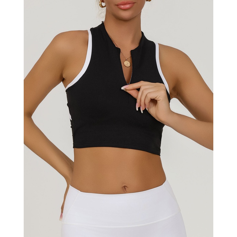 Black Round Neck Zipper Yoga Tank Top – Light Support