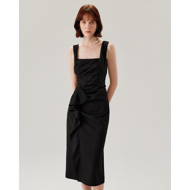 Black Ruffle Ruched Slip Midi Dress