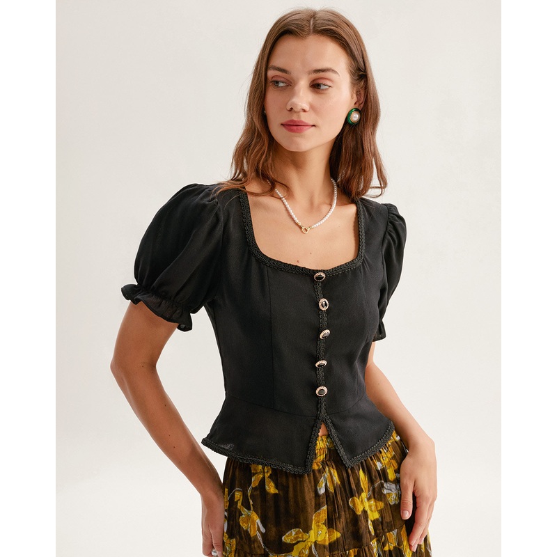 Black Square Neck Shirred Button Blouse