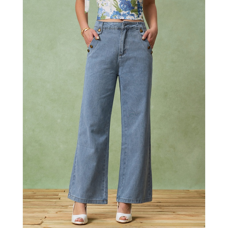 Blue Button Flared Jeans
