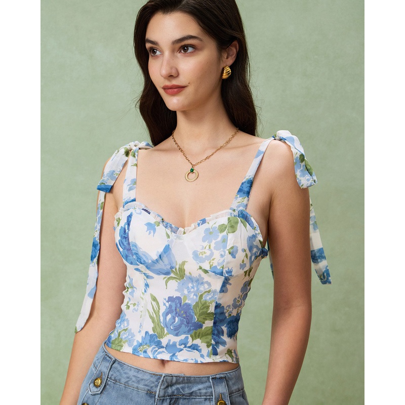 Blue Floral Bohemian Cropped Camis